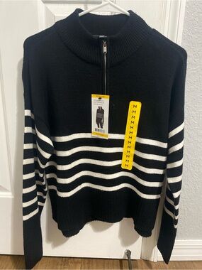 DKNY Black Sweater with White Horizontal Stripes